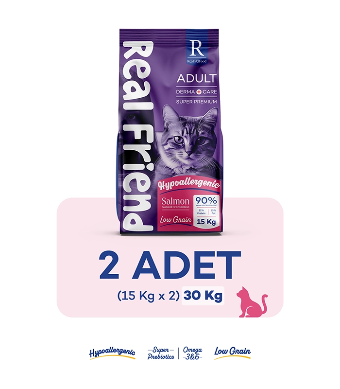Real Friend Kedi Kuru Mama_RF2011_15KG_2 adet Derma Care Yetişkinler İçin Tam Ve Dengeli Somonlu Kedi Maması 15 Kg x 2 - Görsel 1