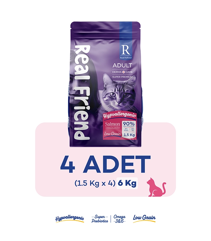 Real Friend Kedi Kuru Mama_RF2011_1,5KG_4 adet Derma Care Yetişkinler İçin Tam Ve Dengeli Somonlu Kedi Maması 1,5 Kg x 4 - Görsel 1