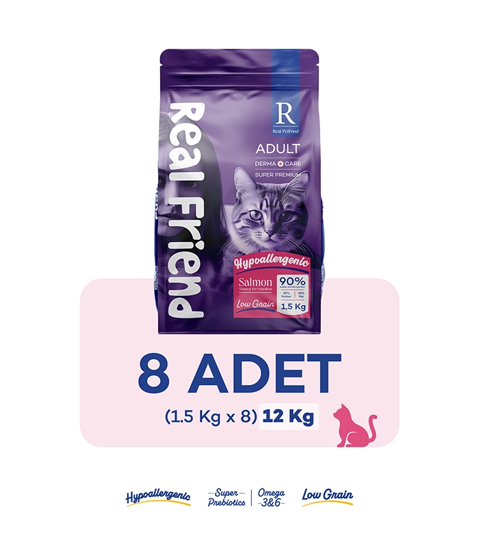 Real Friend Kedi Kuru Mama_RF2011_1,5KG_8 adet Derma Care Yetişkinler İçin Tam Ve Dengeli Somonlu Kedi Maması 1,5 Kg x 8 - Görsel 1